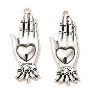 Tibetan Style Alloy Pendants, Cadmium Free & Lead Free, Palm with Heart, Antique Silver, 43x16x3mm, Hole: 2.1mm, about 183pcs/1000g(FIND-C043-039AS)