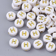 Plating Acrylic Beads, Golden Metal Enlaced, Horizontal Hole, Flat Round with Alphabet, White, Letter.H, 7x3.5mm, Hole: 1.2mm, about 360pcs/50g(X-PACR-R242-01H)