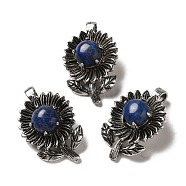 Natural Lapis Lazuli Pendants, Rack Plating Antique Silver Tone Brass Flower Charms, Cadmium Free & Lead Free, 34x22x10mm, Hole: 7.5x3.5mm(G-A095-03AS-04)