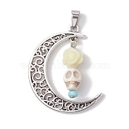 Halloween Synthetic Turquoise Skull Pendants, Alloy Hollow Moon Charms with Resin Rose, Antique Silver, White, 41x35x8mm, Hole: 7x4mm(PALLOY-JF02650-02)