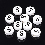 Handmade Porcelain Beads, Horizontal Hole, Flat Round with Letter, White, Letter.S, 8~8.5x4.5mm, Hole: 2mm(PORC-Q259-01S)