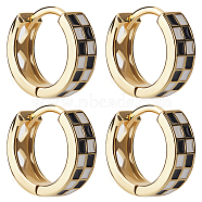 2 Pairs Tartan Pattern Enamel Chunky Hinged Hoop Earrings for Women, Real 18K Gold Plated Brass Earrings, Black, 13x4mm, Pin: 1mm(EJEW-BBC0001-27B)