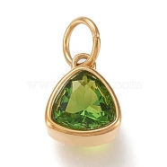 Vacuum Plating 304 Stainless Steel Cubic Zirconia Pendant, Triangle, Golden, Olive Drab, 12.5x9.5x5mm, Hole: 5mm(ZIRC-P080-A02)