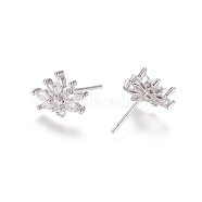 Brass Cubic Zirconia Stud Earring Findings, with Loop, Flower, Clear, Platinum, 15mm, Pin: 0.7mm(X-EJEW-E257-06P)