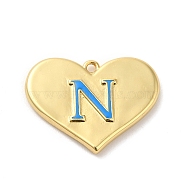Rack Plating Brass Enamel Pendant, Lead Free & Cadmium Free, Long-Lasting Plated, Heart with Letter N Charm, Real 18K Gold Plated, 15x20x2.5mm, Hole: 1.2mm(KK-Q772-17G)