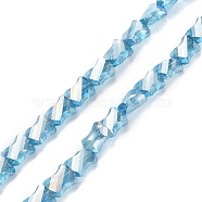 Electroplated Transparent Glass Beads Strands, Half Rainbow Plated, Faceted Twist Rectangle, Sky Blue, 10x8x5mm, Hole: 1.2mm, about 49~51pcs/strand, 21.26''(54cm)(GLAA-G092-A07)