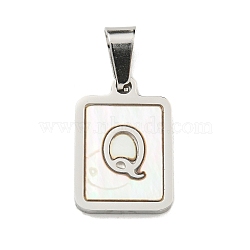 304 Stainless Steel Pave Natural White Shell Pendants, Rectangle with Letter Charms, Stainless Steel Color, Letter Q, 17.5x12x1.5mm, Hole: 6x3mm(STAS-S130-03P-Q)