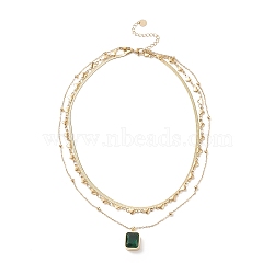 Green Glass Rectangle Charms Triple Layer Necklace, Ion Plating(IP) 304 Stainless Steel Heart Link & Satellite & Herringbone Chains Necklace for Women, Golden, 15.35 inch(39cm)(NJEW-C036-08G)
