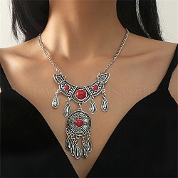 Bohemia Style Alloy Bib Necklace, Woven Net Acrylic Imitation Turquoise Pendant Necklaces, Antique Silver, 15.55 inch(39.5cm)(NJEW-H021-03AS)