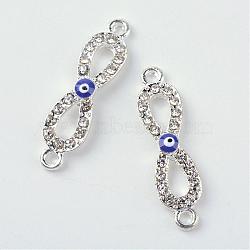 Alloy Rhinestone Evil Eye Links connectors, Infinity, with Enamel, Silver Color Plated, 28.5x7.5x2.5mm, Hole: 2mm(ALRI-Q065-39S)