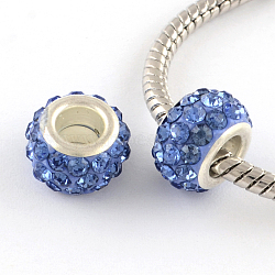 Polymer Clay Rhinestone European Large Hole Beads with Silver Color Plated Brass Cores, Rondelle, Light Sapphire, 11~12x7~7.5mm, Hole: 5mm(X-FPDL-R002-08)