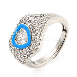 Enamel Heart Adjustable Ring with Clear Cubic Zirconia, Platinum Brass Ring, Lead Free & Cadmium Free, Deep Sky Blue, Inner Diameter: 17.6mm(RJEW-Q781-01P-02)
