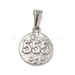Textured 304 Stainless Steel Pendants, Flat Round with Number 5 Charm, with Rhinestone, Stainless Steel Color, 18x15x3mm, Hole: 7x3.7mm(STAS-A140-02P-5)