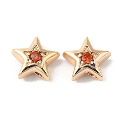 Brass with Cubic Zirconia Beads Beads, Real 18K Gold Plated, Star, Orange Red, 7.5x8x3mm, Hole: 1mm(KK-K333-29G-03)