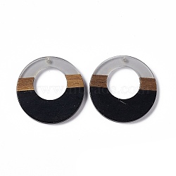 Opaque Resin & Walnut Wood Pendants, Ring Charms, Black, 38x3.5mm, Hole: 2mm(RESI-M027-03H)