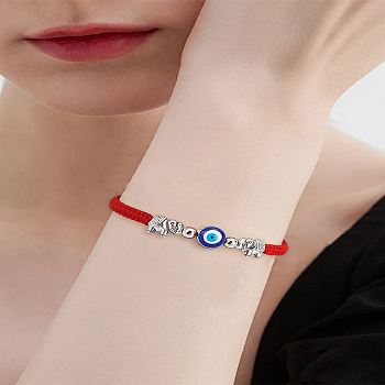 1Pc Lampwork Evil Eye Braided Bead Bracelet, Alloy Elephant Beaded Adjustable Bracelet, Red, Inner Diameter: 2~3-3/8 inch(5~8.6cm)