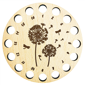 Dandelion Pattern 16-Position Wood Embroidery Thread Storage Trays, Laser Cut Thread Spool Organizer Holder, Flat Round, 100x3mm, Hole: 10mm