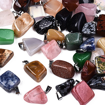 Natural & Synthetic Mixed Gemstone Tumbled Stone Pendants, Nuggets Charms with Platinum Toen Brass Bails, Mixed Dyed and Undyed, 18~30x11~22x4~22mm, Hole: 6x2mm