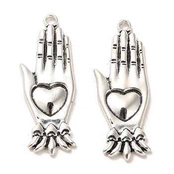 Tibetan Style Alloy Pendants, Cadmium Free & Lead Free, Palm with Heart, Antique Silver, 43x16x3mm, Hole: 2.1mm, about 183pcs/1000g