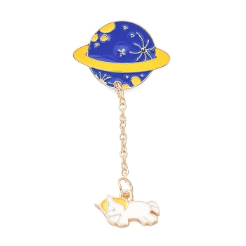 Alloy Enamel Brooches, Enamel Pin, Planet with Horse, Golden, Blue, 63mm, Pin: 1.2mm
