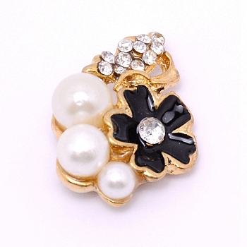 Alloy Cabochons Accessories with Enamel, with ABS Imitation Pearl Beads and Crystal Glass Rhinestone, for Jewelry Making, Flower, Light Gold, Black, 22.5x17.5x8.5mm