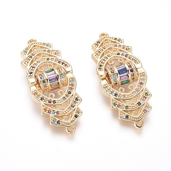 Brass Micro Pave Cubic Zirconia Links connectors, Golden, Colorful, 36x14x2mm, Hole: 1.2mm