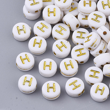 Plating Acrylic Beads, Golden Metal Enlaced, Horizontal Hole, Flat Round with Alphabet, White, Letter.H, 7x3.5mm, Hole: 1.2mm, about 360pcs/50g