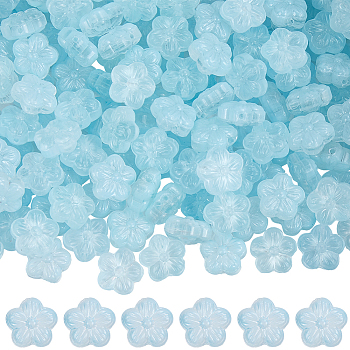 150Pcs Transparent Spray Painted Glass Beads, Flower, Light Sky Blue, 12.5x13x6mm, Hole: 1mm
