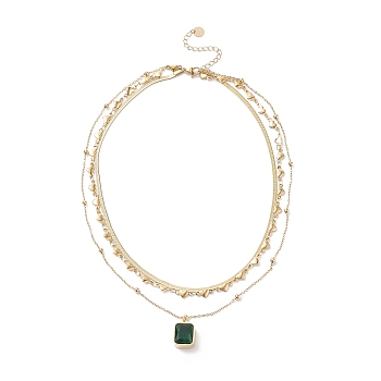 Green Glass Rectangle Charms Triple Layer Necklace, Ion Plating(IP) 304 Stainless Steel Heart Link & Satellite & Herringbone Chains Necklace for Women, Golden, 15.35 inch(39cm)