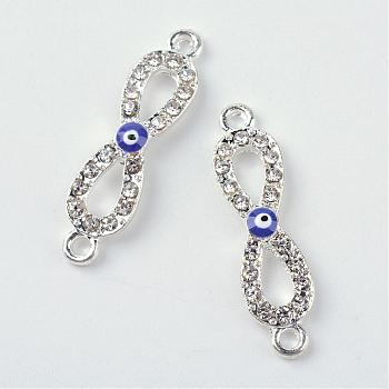 Alloy Rhinestone Evil Eye Links connectors, Infinity, with Enamel, Silver Color Plated, 28.5x7.5x2.5mm, Hole: 2mm