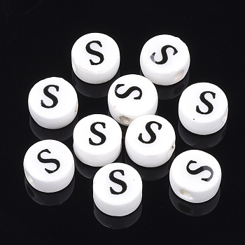 Handmade Porcelain Beads, Horizontal Hole, Flat Round with Letter, White, Letter.S, 8~8.5x4.5mm, Hole: 2mm