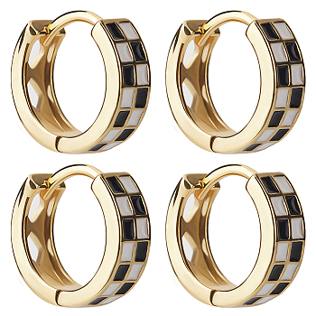 2 Pairs Tartan Pattern Enamel Chunky Hinged Hoop Earrings for Women, Real 18K Gold Plated Brass Earrings, Black, 13x4mm, Pin: 1mm