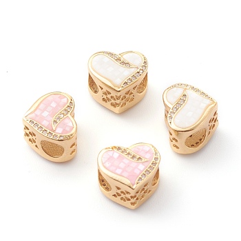 Brass Micro Pave Clear Cubic Zirconia European Style Beads, with Shell, Light Gold, Heart, Mixed Color, 10x12x9mm, Hole: 4mm