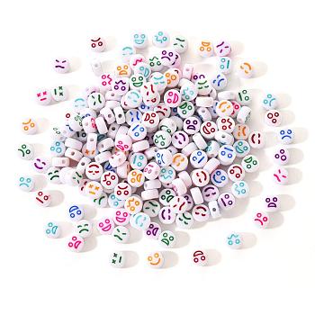 White Opaque Acrylic Beads, Flat Round with Expression, Mixed Color, 7x4mm, Hole: 1.6mm, 200pcs/set
