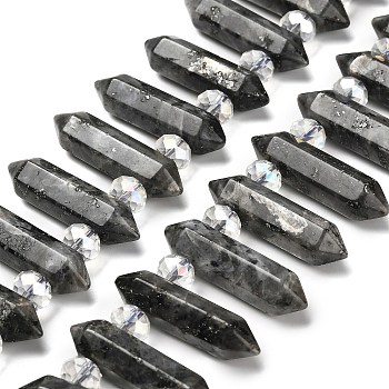 Natural Larvikite Double Terminated Point Beads Strands, with Glass Beads, Faceted Bullet, Top Drilled, 31~33x7~9x7~9mm, Hole: 1mm, about 26~27pcs/strand, 15.16~15.75''(38.5~40cm)