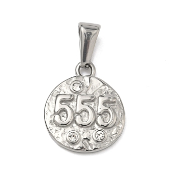 Textured 304 Stainless Steel Pendants, Flat Round with Number 5 Charm, with Rhinestone, Stainless Steel Color, 18x15x3mm, Hole: 7x3.7mm