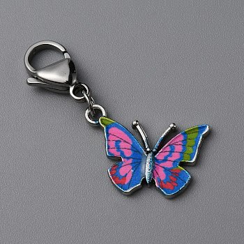 Butterfly Alloy Enamel Pendant Decoration, Stainless Steel Lobster Clasp Charms, Clip-on Charms, for Keychain, Purse, Backpack Ornament, Dodger Blue, 39mm