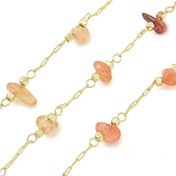 Brass Chains, with Agate Stone Bead, with Spool, Soldered, Real 18K Gold Plated, 8~10x4~8x2~3mm