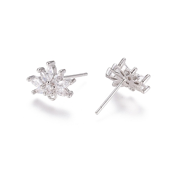 Brass Cubic Zirconia Stud Earring Findings, with Loop, Flower, Clear, Platinum, 15mm, Pin: 0.7mm