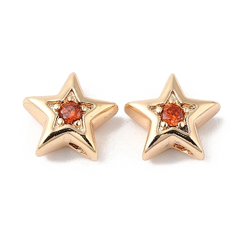 Brass with Cubic Zirconia Beads Beads, Real 18K Gold Plated, Star, Orange Red, 7.5x8x3mm, Hole: 1mm