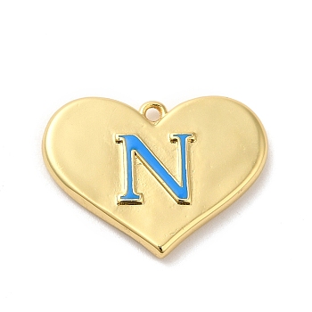 Rack Plating Brass Enamel Pendant, Lead Free & Cadmium Free, Long-Lasting Plated, Heart with Letter N Charm, Real 18K Gold Plated, 15x20x2.5mm, Hole: 1.2mm
