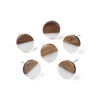 Opaque Resin & Walnut Wood Stud Earrings, with 316 Stainless Steel Pins, Flat Round, White, 10mm, Pin: 0.7mm