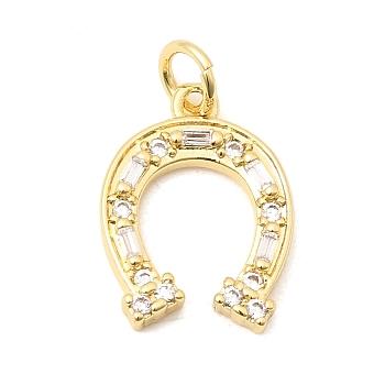 Brass Micro Pave Cubic Zirconia Pendants, Long-Lasting Plated, Rack Plating, Lead Free & Cadmium Free, Horseshoe Charms, Clear, 17x12x2.5mm, Jump Ring: 4.5x1mm, Inner Diameter: 2mm