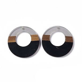 Opaque Resin & Walnut Wood Pendants, Ring Charms, Black, 38x3.5mm, Hole: 2mm