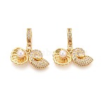 Brass Micro Pave Clear Cubic Zirconia and ABS Imitation Pearl European Dangle Charms, Conch & Shell Shape, Large Hole Pendants, Creamy White, Real 18K Gold Plated, 30mm, Hole: 4.8mm(KK-T079-87G)
