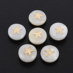 Natural Freshwater Shell Beads, with Golden Plated Brass Metal Embellishments, Flat Round with Star, Seashell Color, 8x3.5mm, Hole: 0.7mm(SHEL-S278-063)