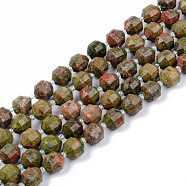 Natural Unakite Beads Strands, Round, Faceted, 8~9x10mm, Hole: 1.2mm, about 33~35pcs/strand, 15.16inch(38.5cm)(G-R482-15-10mm)