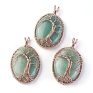 Natural Green Aventurine Big Pendants, with Rose Gold Tone Brass Findings, Oval with Tree of Life, 56~58.5x35~36x12~13.8mm, Hole: 4.2~5.2x4.6~6mm(G-G771-C01)
