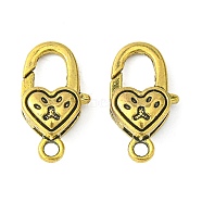 Tibetan Style Alloy Lobster Claw Clasps, Heart, Cadmium Free & Nickel Free & Lead Free, Antique Golden, 20.5x11x6mm, Hole: 2mm(TIBE-T002-27AG-NR)