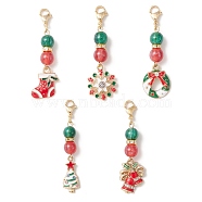 Christmas Theme Alloy Enamel Pendant Decorations, with Resin Bead and 304 Stainless Steel Lobster Claw Clasps Charm, Wreath/Bell/Tree/Snowflake/Sock, Mixed Shapes, 55~60mm(HJEW-JM01136)